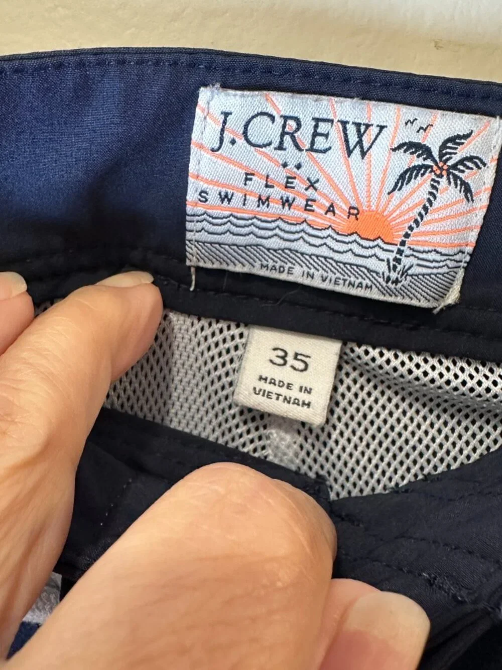 J Crew Flex Swimwear Men's Bathing Suit Swim Trunks Shorts Size 35 Navy White